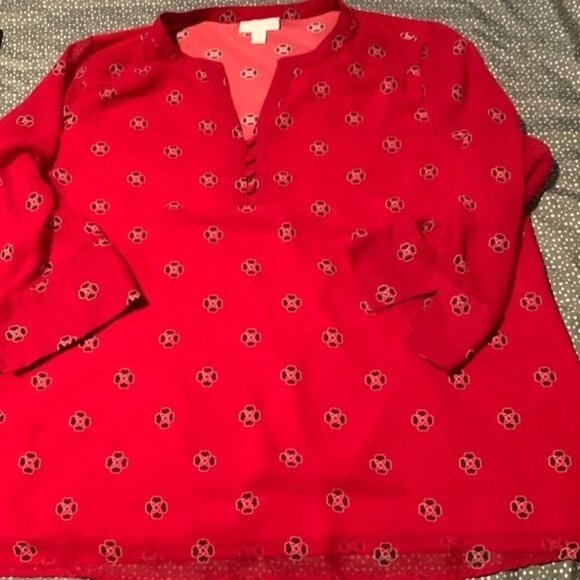 Charter Club Red Floral Print Split-Neck Top With 3/4 Sleeves Womens L Polyester - Picture 3 of 9